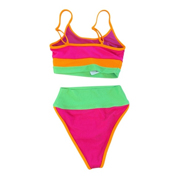 Beach Riot Eva Top/ Emmy Colorblock High Waist Bikini Bottoms - Neon Sunset NWT - Picture 5 of 6